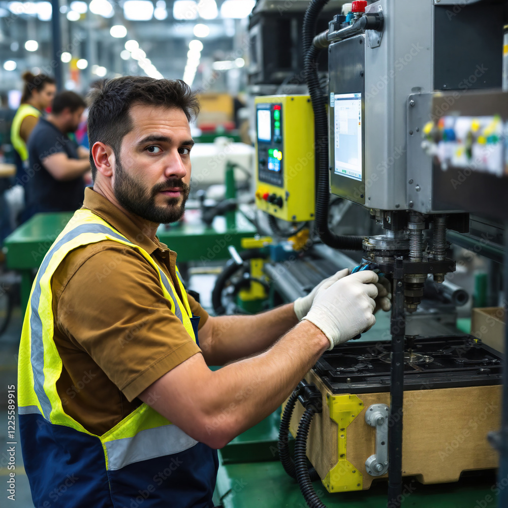 A skilled worker is focused on machinery operation inside a well-lit factory. He is wearing protective gloves and a safety vest, indicating a commitment to workplace safety A skilled worker is focused on machinery operation inside a well-lit factory. He is wearing protective gloves and a safety vest, indicating a commitment to workplace safety