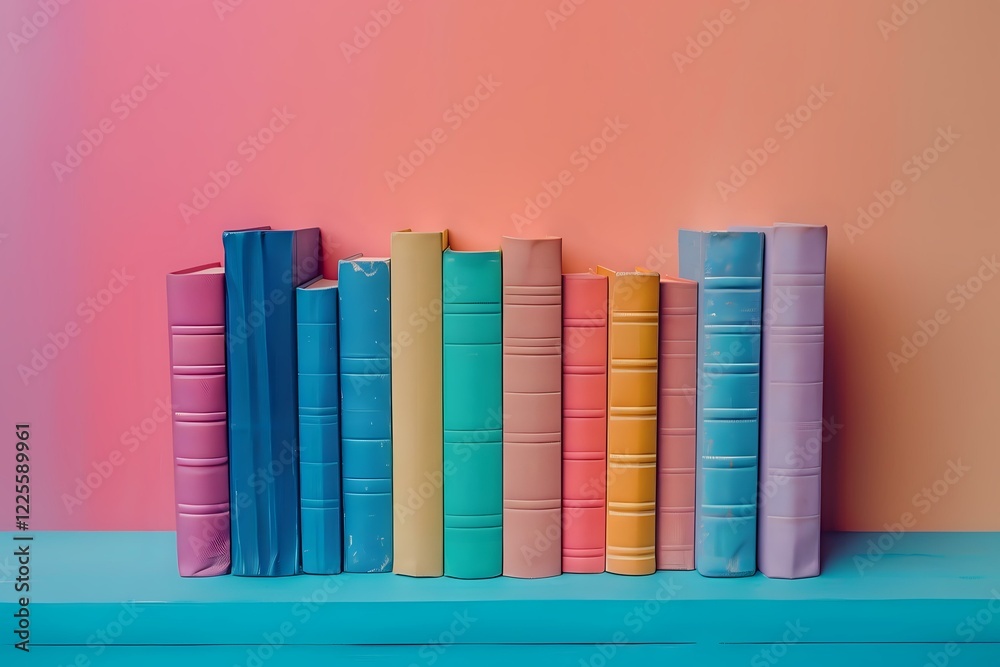 Naklejka premium Row of colorful hardcover books standing on turquoise shelf against pink and orange gradient background, creating minimalist composition for education concept.