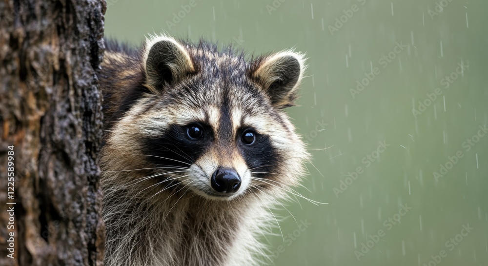 Raccoon peeking from tree on rainy day in forest Raccoon peeking from tree on rainy day in forest