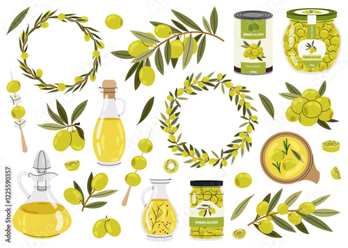 Set of green olives, branches and oil bottles, tinned snack. Olive berries and tree branches with leaves and wreaths on white background.