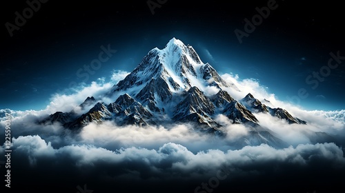 Majestic snow-capped peak above clouds at night; for travel, adventure, or nature themes photo