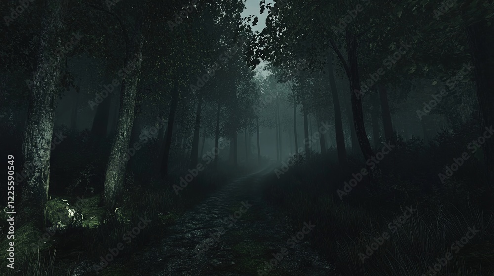 Fototapeta premium A dark forest road, with tall trees on both sides, a mossy ground, and dark green leaves, creates an eerie, cinematic atmosphere.