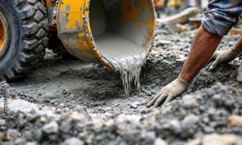 Workers pour fresh concrete from a mixer into a trench at a busy construction site. The surrounding area is filled with gravel and tools, creating an active work environment