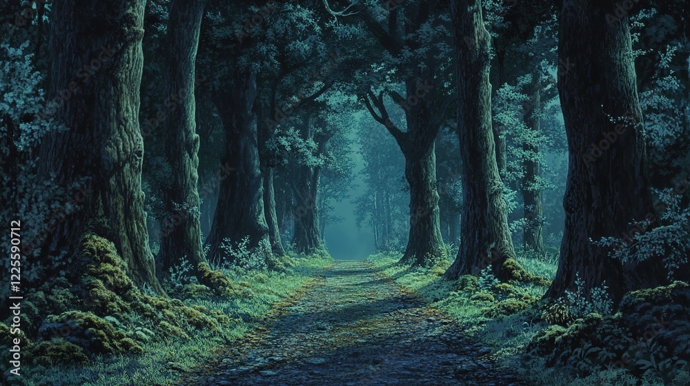 A dark forest road, with tall trees on both sides, a mossy ground, and dark green leaves, creates an eerie, cinematic atmosphere. A dark forest road, with tall trees on both sides, a mossy ground, and dark green leaves, creates an eerie, cinematic atmosphere.
