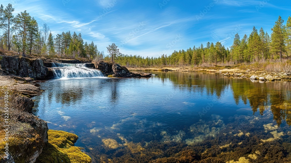 Waterfall cascades into calm clear lake surrounded by forest with blue sky, nature use Waterfall cascades into calm clear lake surrounded by forest with blue sky, nature use