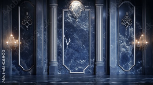 Elegant Blue Marble Wall with Ornate Molding and Chandeliers - made with Generative AI