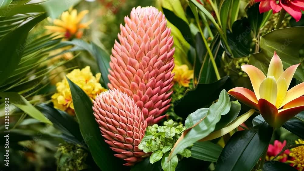Close-up of Pink Ginger Flowers in Lush Tropical Foliage Close-up of Pink Ginger Flowers in Lush Tropical Foliage