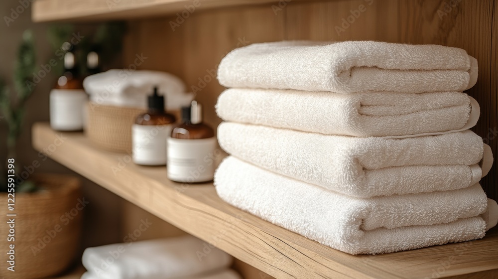 Luxurious spa arrangements with stacked towels and natural toiletries create a serene atmosphere for relaxation and rejuvenation Luxurious spa arrangements with stacked towels and natural toiletries create a serene atmosphere for relaxation and rejuvenation