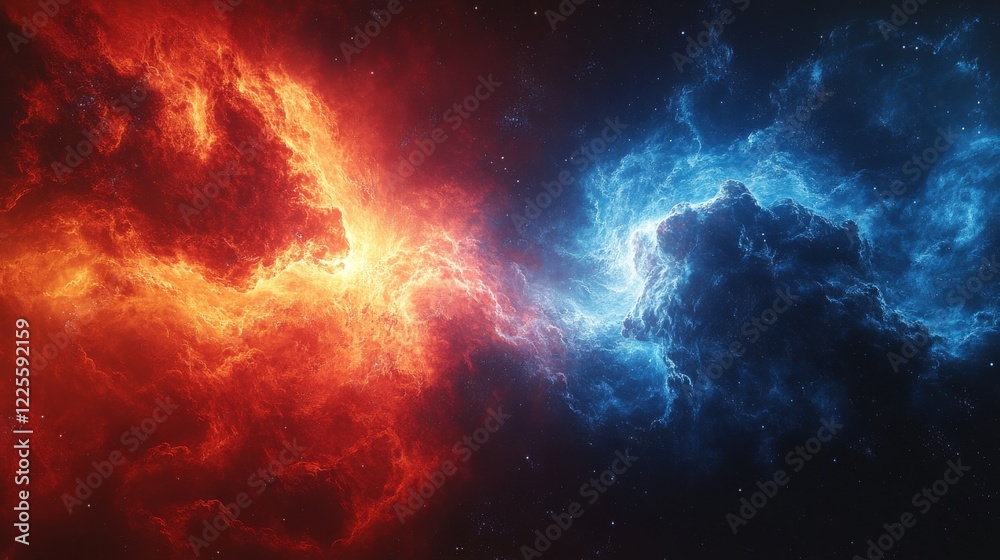 Cosmic dance of fiery red and cool blue clouds swirling together in the vastness of the universe at the edge of a distant galaxy Cosmic dance of fiery red and cool blue clouds swirling together in the vastness of the universe at the edge of a distant galaxy