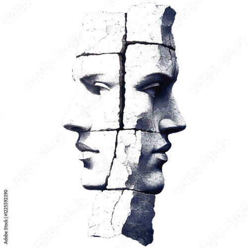 Ancient stone sculptures of unknown origin. Faces carved in rock. Halftone effect with dots.   