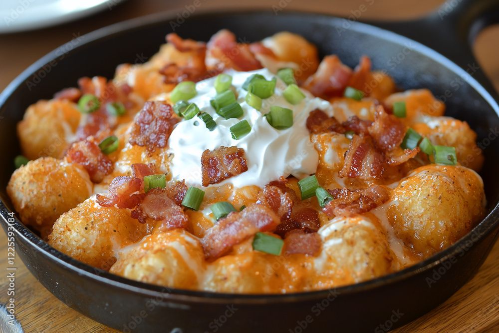 Delicious loaded tater tots topped with cheese, bacon, and sour cream served in a skillet Delicious loaded tater tots topped with cheese, bacon, and sour cream served in a skillet