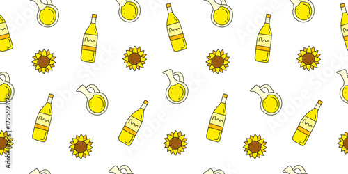 Seamless pattern with doodle colored sunflower oil in glass bottles, jugs and flowers on white background. Vegetable fats. Healthy nutrition concept.