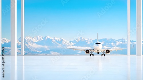 Airplane on tarmac, mountain view, airport waiting area, travel photo