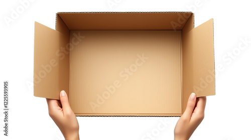 Hands Holding an Open Cardboard Box – Shipping and Packaging Concept cutout on a Transparent Background. 
