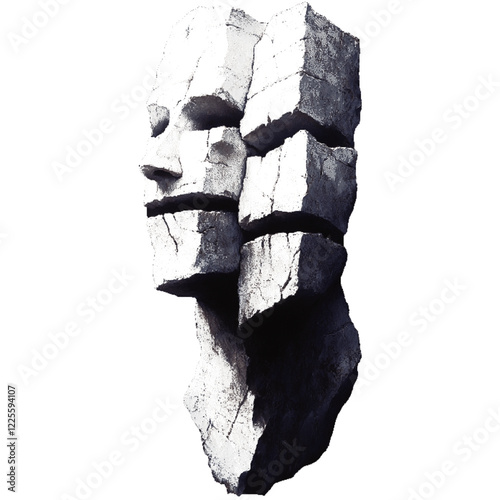 Ancient stone sculptures of unknown origin. Faces carved in rock. Halftone effect with dots.   