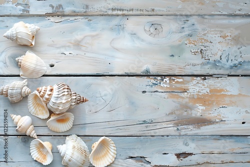 Various seashells arranged on a rustic, weathered, light bluegray wooden surface. The shells are predominantly light beige and offwhite. Copy space available. photo