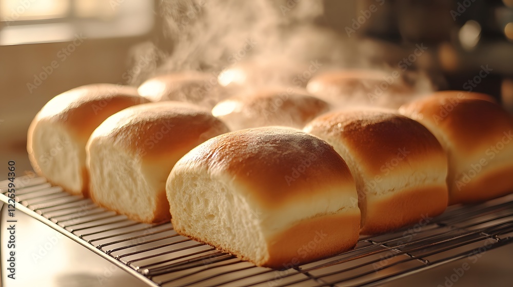 Freshly baked steaming bread rolls with golden crust in a bakery. Freshly baked steaming bread rolls with golden crust in a bakery.