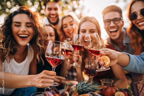 Group of friends having fun together, making a toast with glasses of rose wine at outdoor party on a sunny day