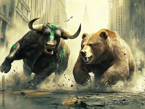 Epic clash between a fierce bull and a powerful bear tearing through a desolate urban landscape in a post-apocalyptic realm photo