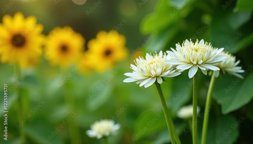 White mugwort sprouts in a garden with sunflowers, bed, garden,