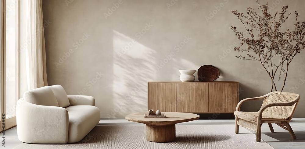 Fototapeta premium Scandinavian interior design of a modern living room with a beige sofa, wooden armchair, and a light oak cabinet against a plain beige wall