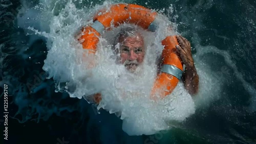 An elderly man clings to a bright orange lifebuoy while surrounded by choppy waves during sunset, symbolizing his struggle against the sea and his will to survive.