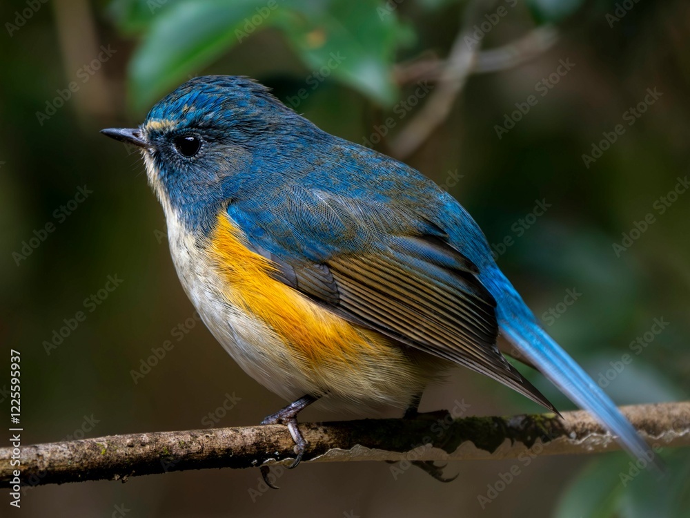 Naklejka premium 森の中で枝に留まって周りを見渡しているルリビタキの雄