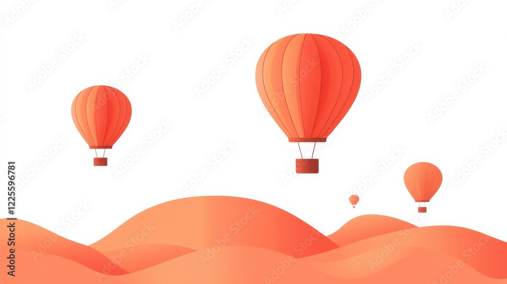 Fototapeta premium Colorful hot air balloons floating over soft, rolling hills in a serene landscape