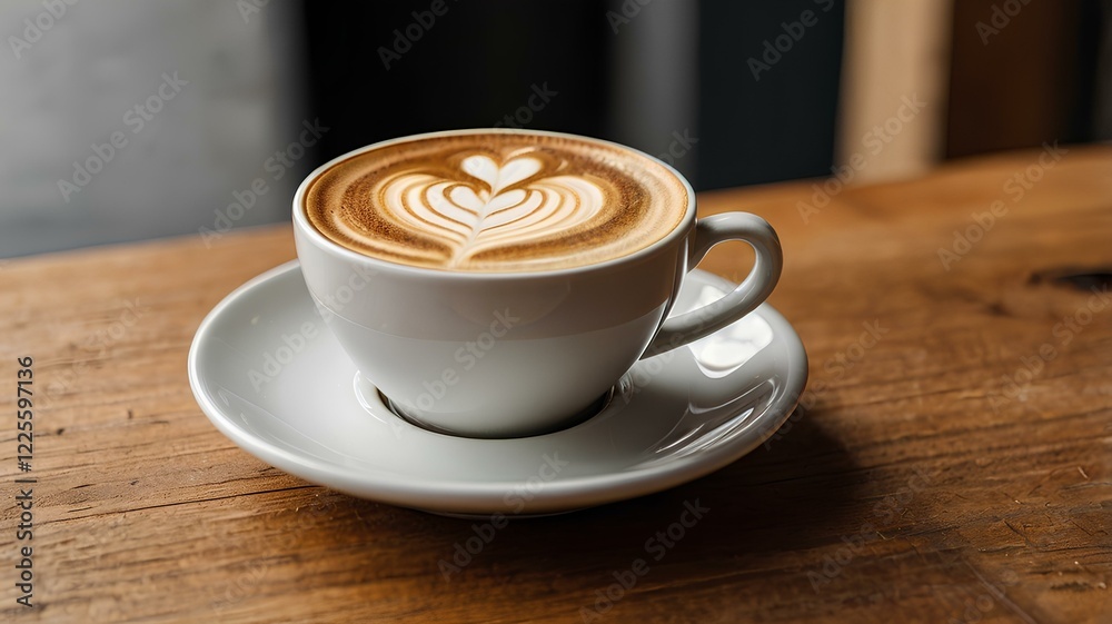 Closeup of Latte Art in White Cup on Wooden Table Closeup of Latte Art in White Cup on Wooden Table