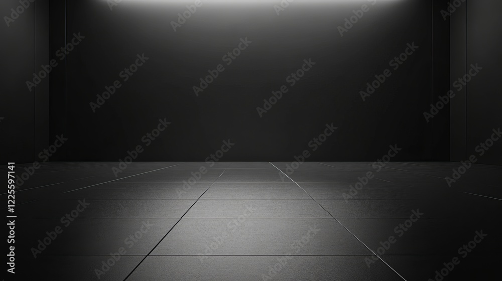 Dimly lit empty room with sleek black tiles reflecting subtle light creating an atmosphere of mystery and anticipation Dimly lit empty room with sleek black tiles reflecting subtle light creating an atmosphere of mystery and anticipation