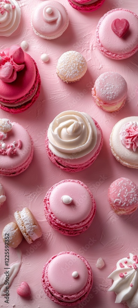 Delightful pink macarons elegantly arranged on a pastel surface create a charming dessert display that invites sweet indulgence Delightful pink macarons elegantly arranged on a pastel surface create a charming dessert display that invites sweet indulgence