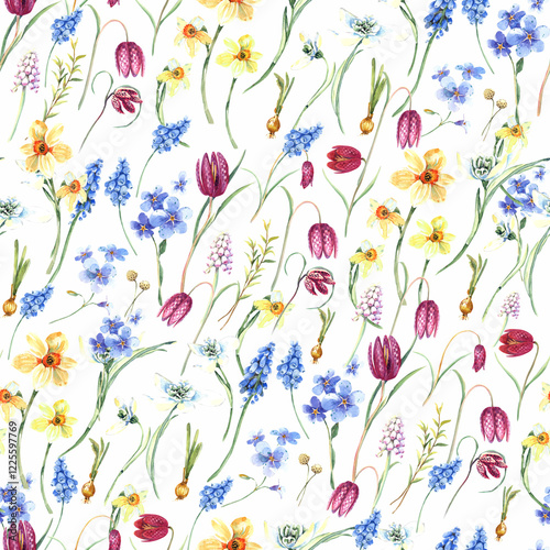 Blue muscari, fritillary, daffodils, hyacinth, Easter spring flowers seamless pattern. Stock illustration. Hand painted in watercolor.

