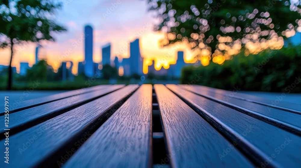 Fototapeta premium Park bench sunset city skyline view