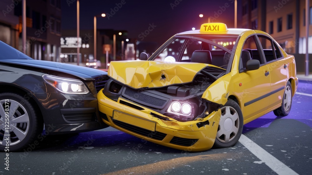 A 3D render of a car accident at night with a broken yellow taxi and a black car. A 3D render of a car accident at night with a broken yellow taxi and a black car.