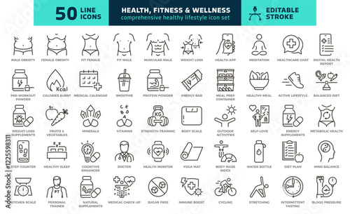 Health, fitness, nutrition and wellness thin line icons. Balanced diet, weight management, exercise, mind and body care vector set