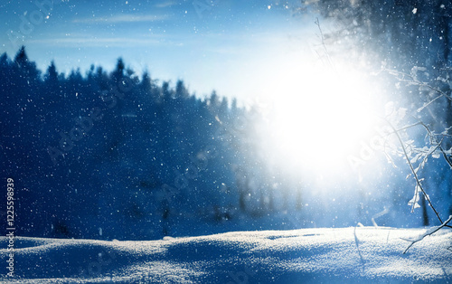 Tilt shift effect on winter landscape with snow, winter out-of-focus landscape, winter background photo