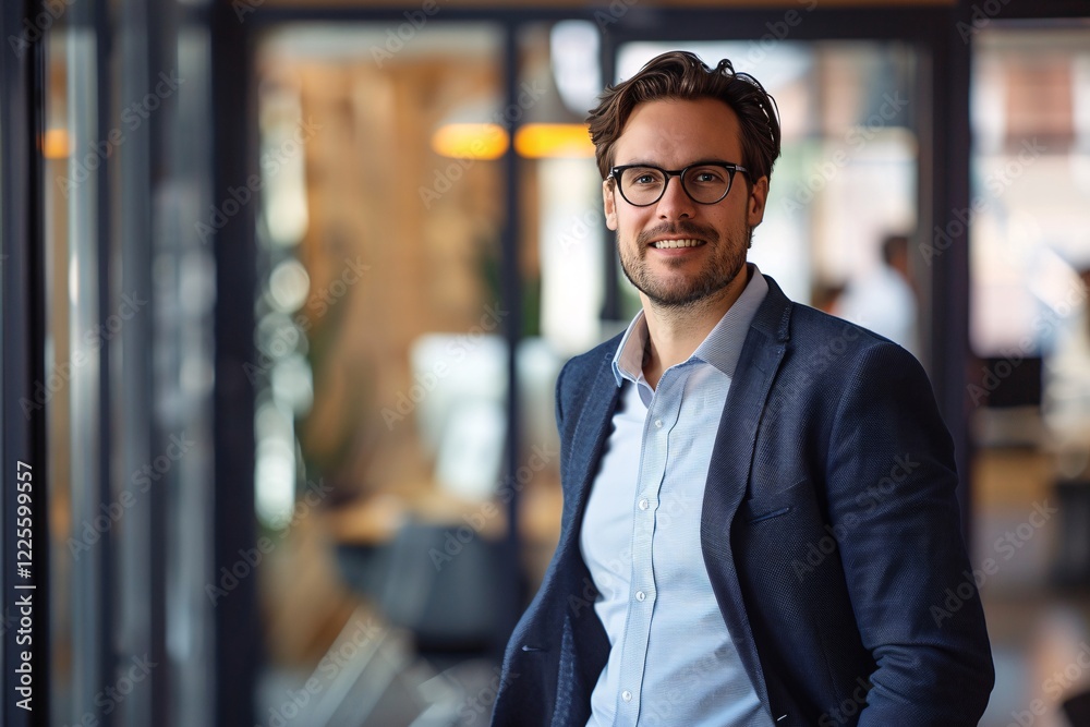 Smiling young manager photographed in a modern open plan office Smiling young manager photographed in a modern open plan office