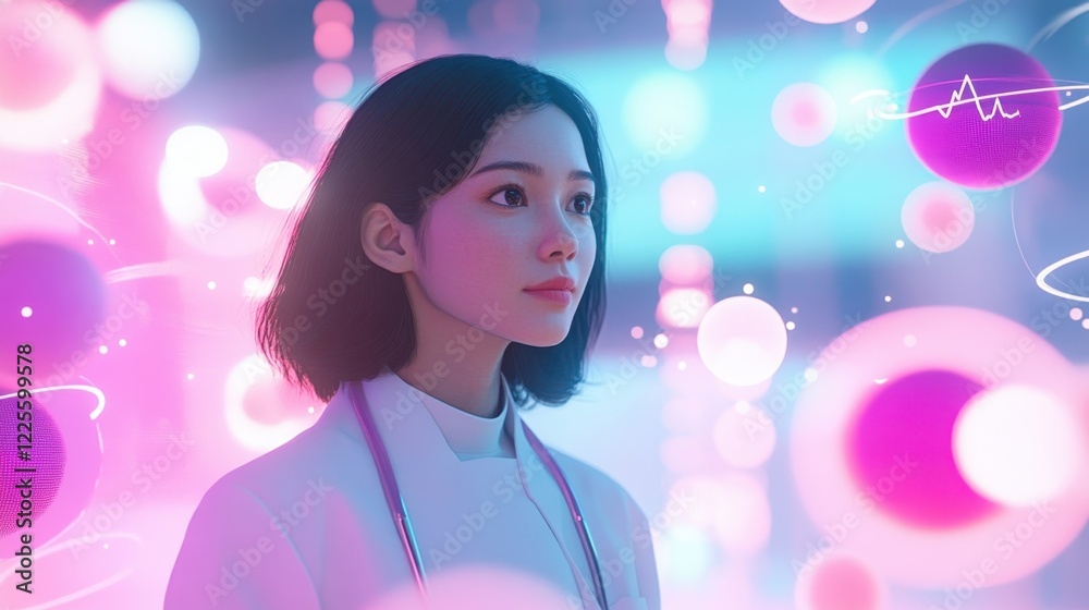 Young female doctor wearing lab coat and stethoscope analyzing medical data and diagnosis in a futuristic digital interface with floating spheres and heartbeat lines Young female doctor wearing lab coat and stethoscope analyzing medical data and diagnosis in a futuristic digital interface with floating spheres and heartbeat lines