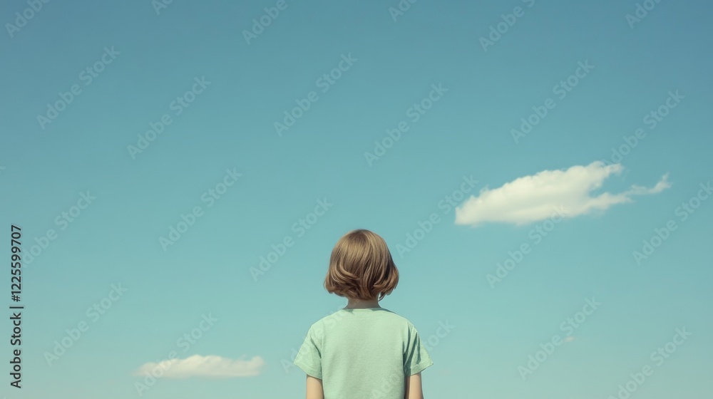 Child looking up at a clear blue sky with small clouds. Child looking up at a clear blue sky with small clouds.