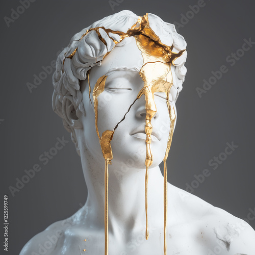 A marble statue of a Greek god, with gold paint dripping down the face and neck. The head is broken off, leaving a marble sculpture with a broken head. Golden oil appears to be pouring onto the white