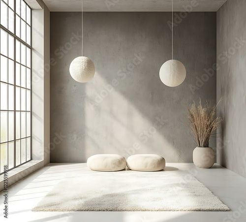 Scandinavian minimalistic room design, textured gray wall, white floor with a neutral carpet, two spherical pendant lights, and a spacious area for text placement