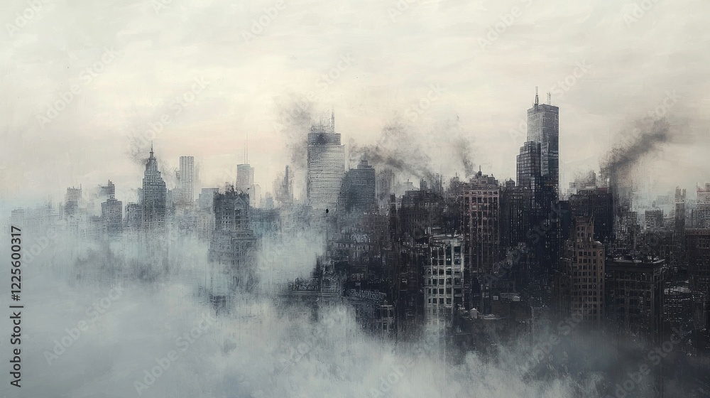 Post-Apocalyptic Cityscape with A Smoky, Foggy Metropolis