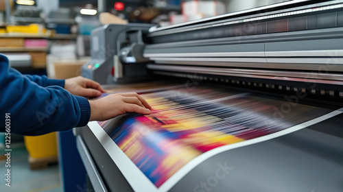 Printing machine operator carefully guides colorful print through a large format printer photo