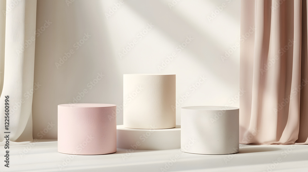 Abstract minimal scene with geometrical forms. Cylinder podiums in cream pink colors. Abstract background. Scene to show cosmetic podructs. Showcase, display case. 3d render. Abstract minimal scene with geometrical forms. Cylinder podiums in cream pink colors. Abstract background. Scene to show cosmetic podructs. Showcase, display case. 3d render.