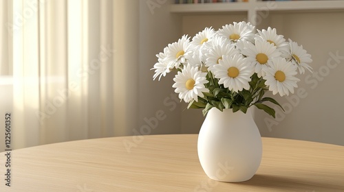 Wallpaper Mural A collection of white daisies is neatly arranged in a white vase on a wooden table. The neutral wall provides a calm backdrop, enhancing the flower's natural beauty Torontodigital.ca