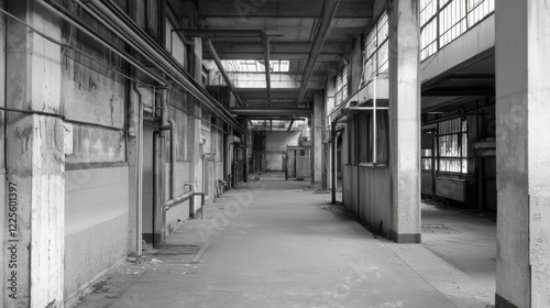 Derelict factory interior, long hallway, monochrome.