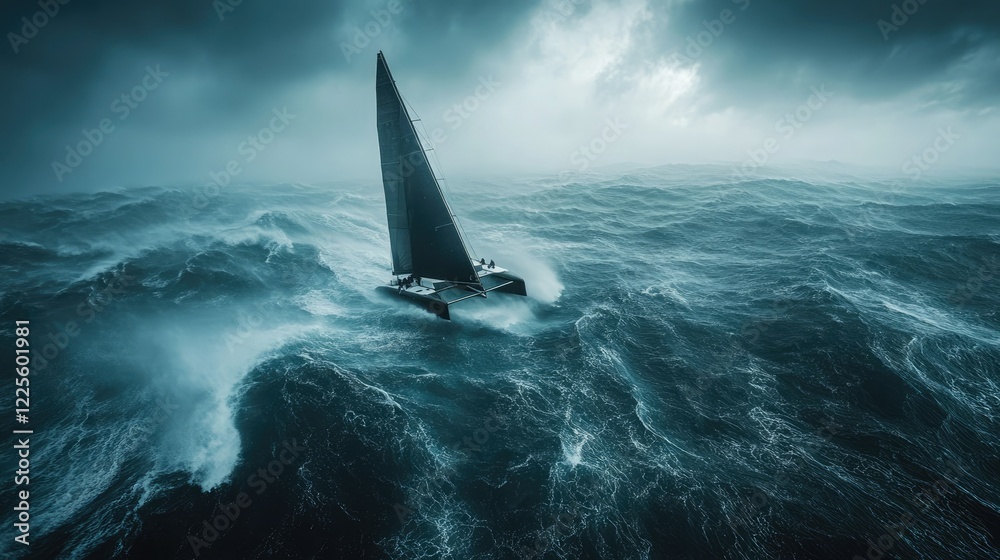 Naklejka premium Dark stormy ocean with a single sailboat navigating through high waves in unpredictable weather conditions