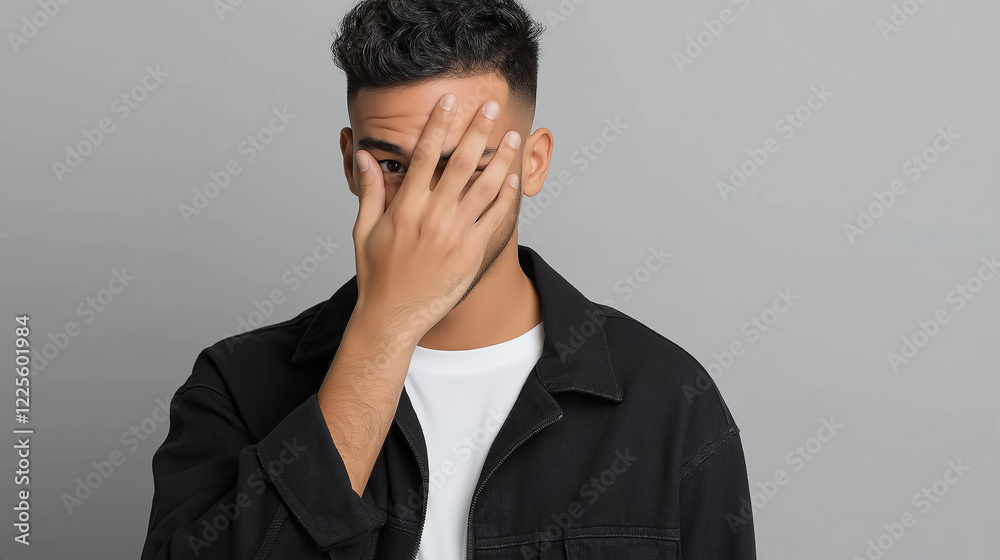 Young man covering face with hand expressing shame and embarrassment Young man covering face with hand expressing shame and embarrassment