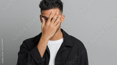 Young man covering face with hand expressing shame and embarrassment photo