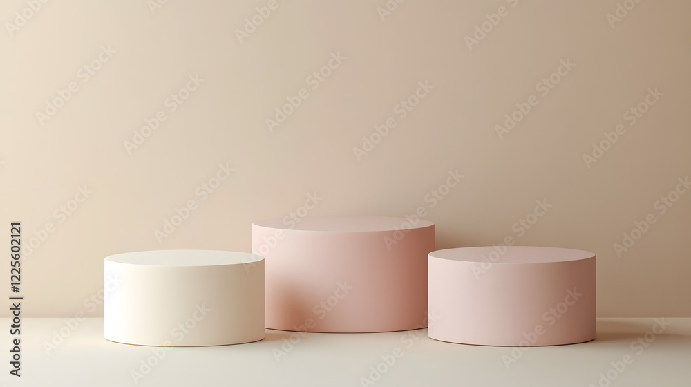 Abstract minimal scene with geometrical forms. Cylinder podiums in cream pink colors. Abstract background. Scene to show cosmetic podructs. Showcase, display case. 3d render. Abstract minimal scene with geometrical forms. Cylinder podiums in cream pink colors. Abstract background. Scene to show cosmetic podructs. Showcase, display case. 3d render.